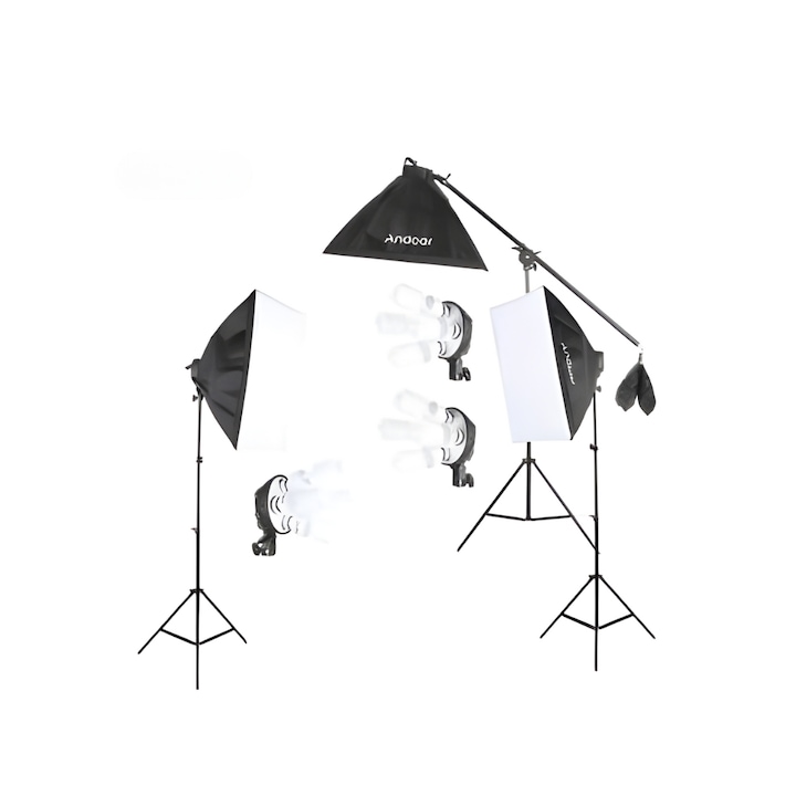 Kit studio foto, 3 lumini softbox, soclu de 4 becuri E27, trepiezi 200 cm inclusi + macara, 12 x bec 40W lumina difuza, temperatura 5500 K, Dactylion®