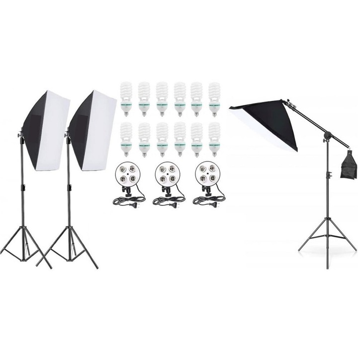 Kit studio foto, 3 lumini softbox, soclu de 4 becuri E27, trepiezi 200 cm inclusi + macara, 12 x bec 150W lumina difuza, temperatura 5500 K, Dactylion®