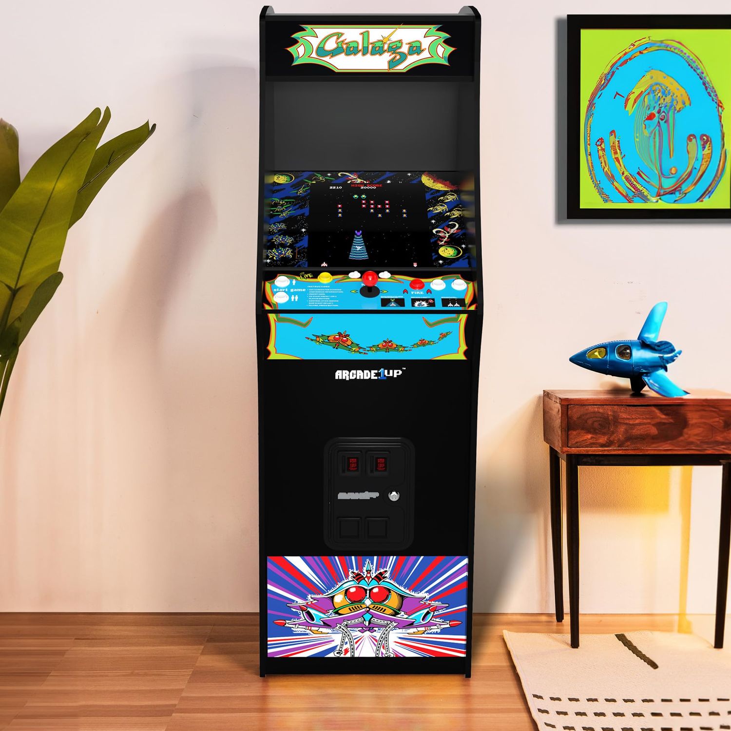 Consola verticala 14 jocuri ARCADE1UP, Galaga Deluxe, H 155 cm, display color 17 inch, Wi-Fi Leaderboards, iluminare Marquee, volum ajustabil, protectie anti-rasturnare, comenzi arcade real-feel, multicolor