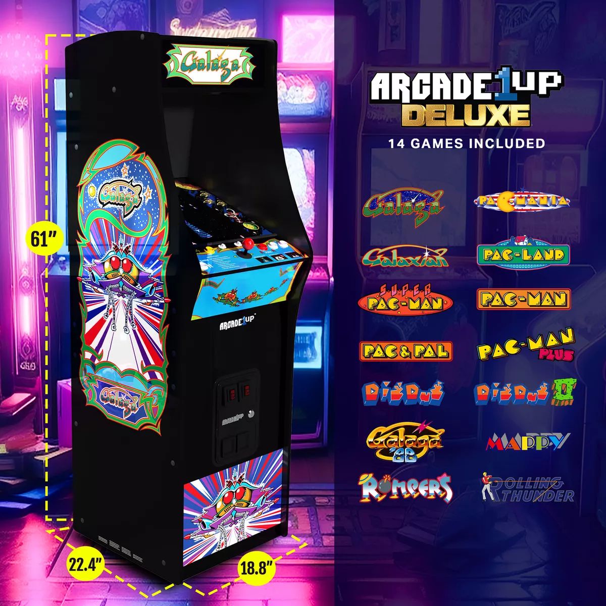 Consola verticala 14 jocuri ARCADE1UP, Galaga Deluxe, H 155 cm, display color 17 inch, Wi-Fi Leaderboards, iluminare Marquee, volum ajustabil, protectie anti-rasturnare, comenzi arcade real-feel, multicolor