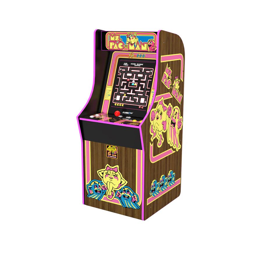 Consola verticala 10 jocuri ARCADE1UP, Ms. Pac-Man™ 40th Anniversary Collection, H 148 cm, display color 17 inch, iluminare Marquee, difuzor extern, volum ajustabil, protectie anti-rasturnare, comenzi arcade real-feel, multicolor