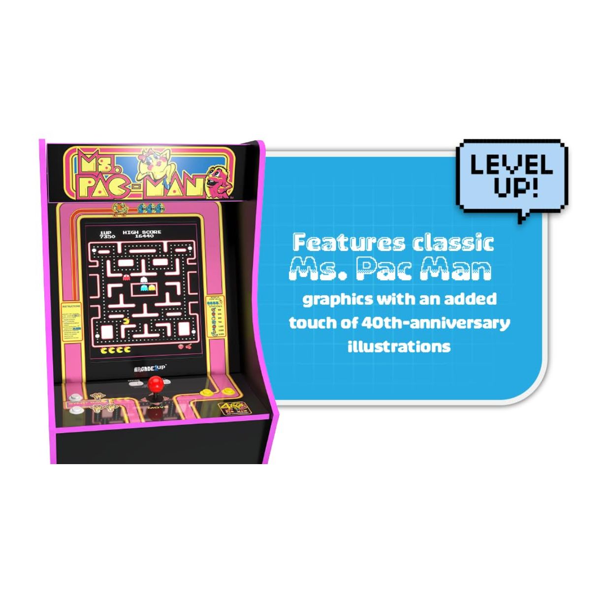 Consola verticala 10 jocuri ARCADE1UP, Ms. Pac-Man™ 40th Anniversary Collection, H 148 cm, display color 17 inch, iluminare Marquee, difuzor extern, volum ajustabil, protectie anti-rasturnare, comenzi arcade real-feel, multicolor