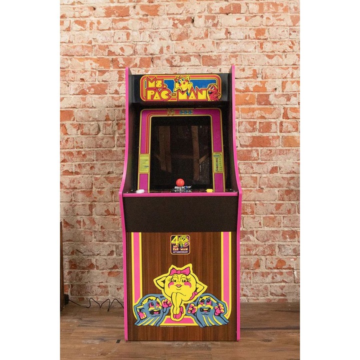 Вертикална конзола 10 игри ARCADE1UP, Ms. Колекция Pac-Man™​​​​​​​ 40th Anniversary Collection, H 148 см, 17-инчов цветен дисплей, Marquee осветление, регулируема сила на звука, защита срещу преобръщане, аркадни контроли с истинско усещане, многоцветни
