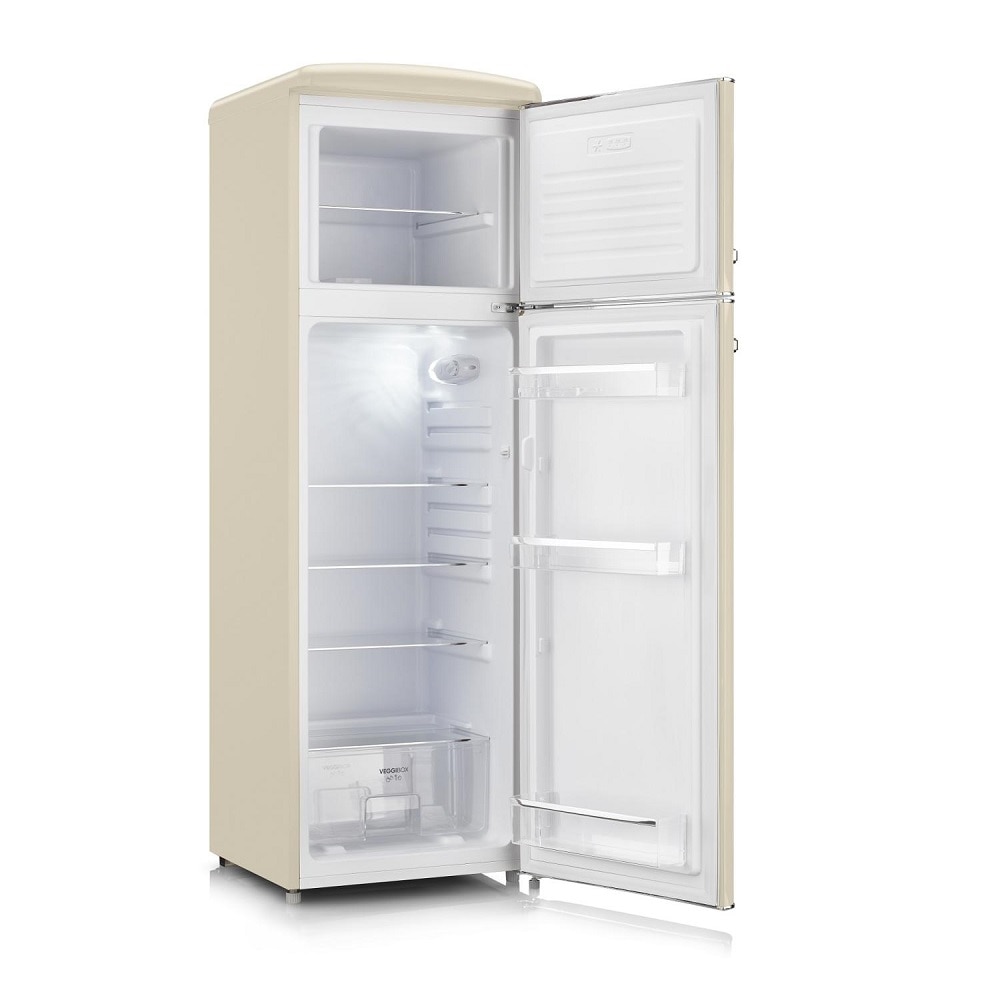 Frigider Retro Severin, H 144 cm, volum 246 litri, congelator 52 litri, deschidere pe dreapta, 3 rafturi sticla securizata, 3 rafturi pe usa, compartiment legume/fructe, control temperatura, iluminat interior LED, silentios, manere cromate, crem