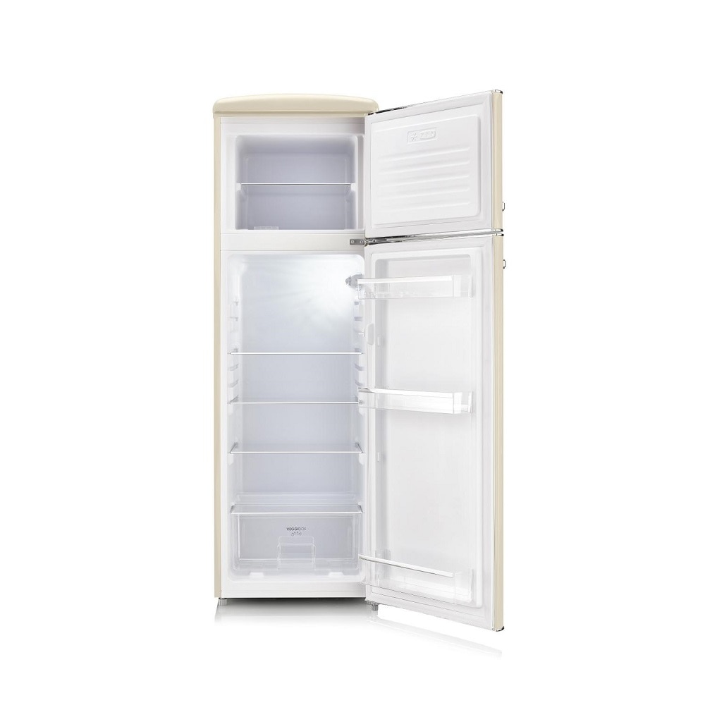 Frigider Retro Severin, H 144 cm, volum 246 litri, congelator 52 litri, deschidere pe dreapta, 3 rafturi sticla securizata, 3 rafturi pe usa, compartiment legume/fructe, control temperatura, iluminat interior LED, silentios, manere cromate, crem