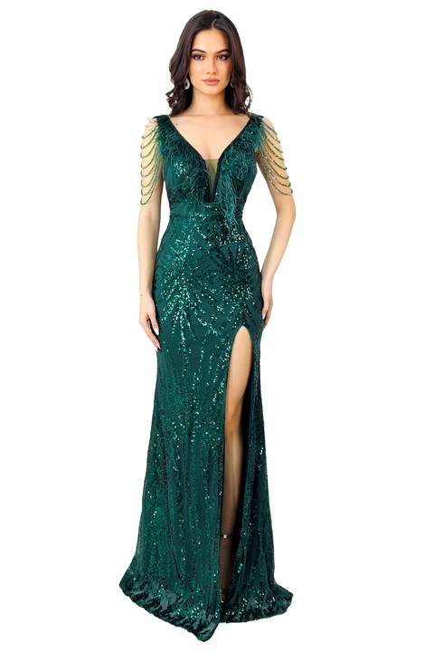 Вечерна рокля Lady Margo, с пера, пайети и дълбоко деколте, Зелен