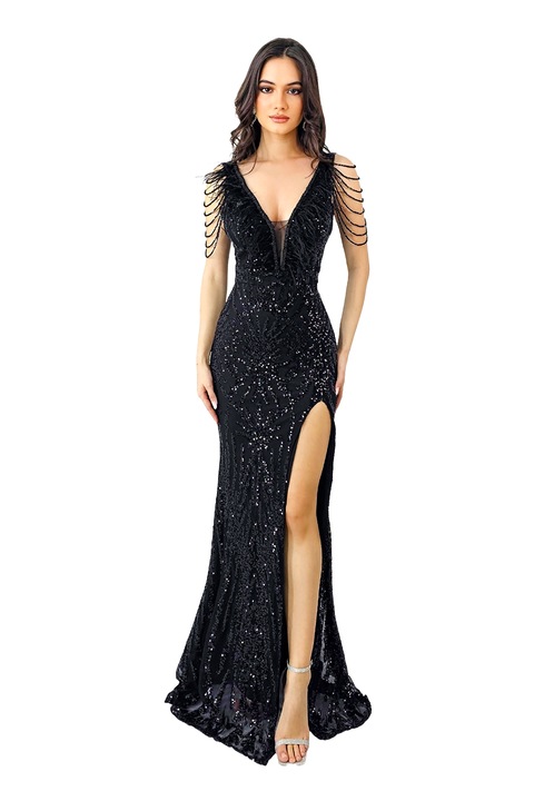 Вечерна рокля Lady Margo, с пера, пайети и дълбоко деколте, Черен