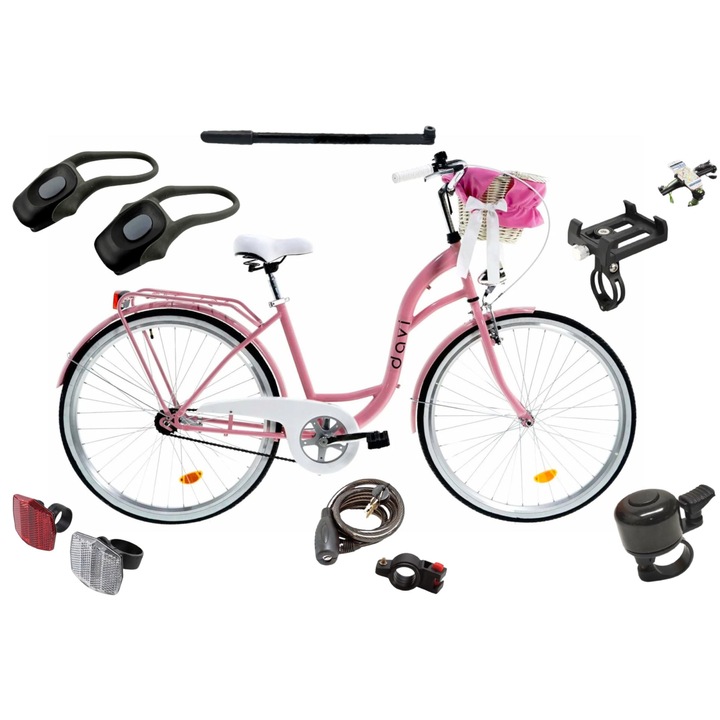 Bicicleta dama cu cos rachita Davi® Lila 1 viteza Roata 28", 160-185 cm inaltime, Roz