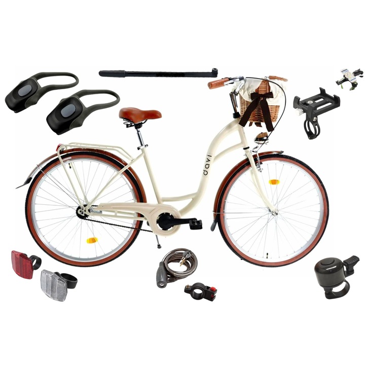 Bicicleta dama cu cos rachita Davi® Lila 1 viteza Roata 28", 160-185 cm inaltime, Maro Cafeniu