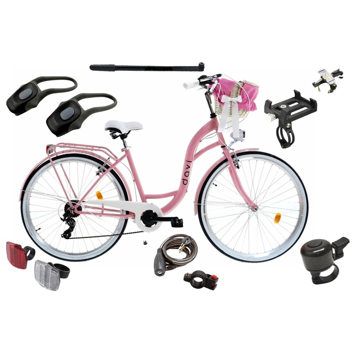 Bicicleta dama cu cos Davi® Emma 7 viteze Roata 28", 160-185 cm inaltime, Roz