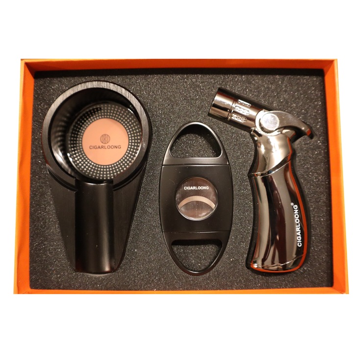 Set bricheta de gaz + scrumiera + ghilotina pentru tigari, Cigarloong CLa, Negru