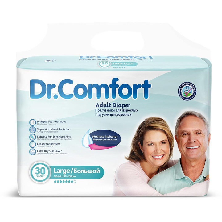 Scutece pentru adulti, Dr. Confort, benzi laterale ajustabile, potrivit pielii sensibile, Marimea L, 30 buc