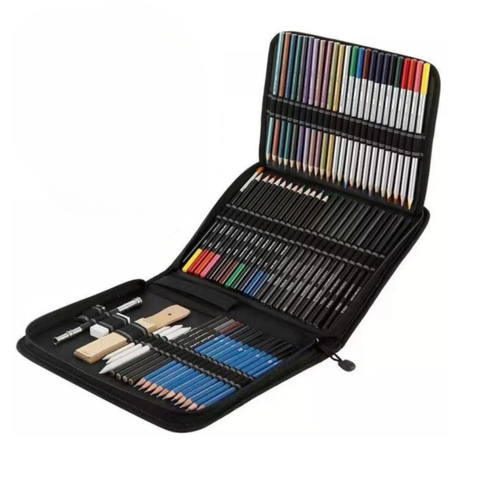 Set profesional de creioane colorate pentru desen si schitare, accesorii incluse, 73 piese, multicolor, Dactylion®