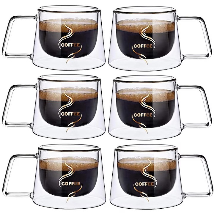 Set 6 cesti de Cafea din sticla termorezistenta, Aurov®, pereti dubli, 200 ml, Transparenta