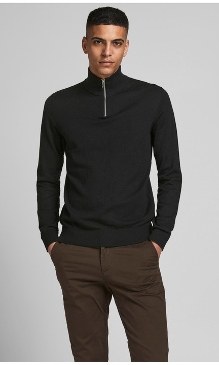 JJEEMIL basic, hosszú ujjú, cipzáras, magas galléros vékony kötött pulóver, Fekete