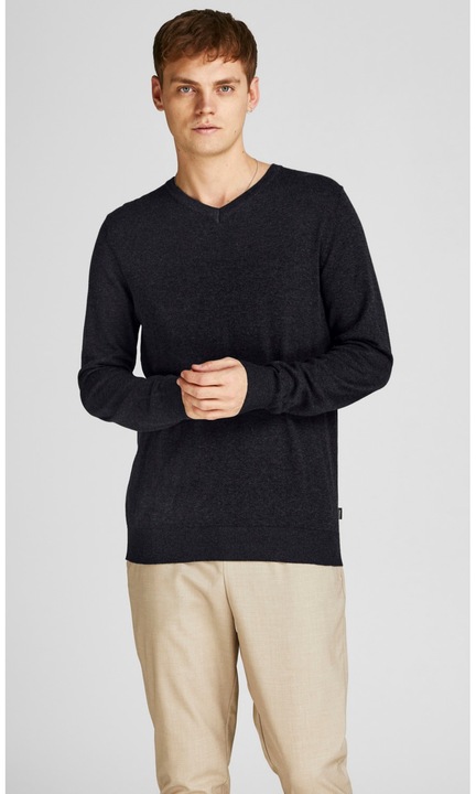 Vékony pulóver hosszú ujjal, V-nyakú, alap kötés, blúz, JJEEMIL felső, Fekete