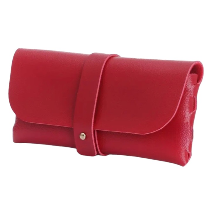 Etui rosu pentru ochelari, piele ecologica, interior moale, prindere curea cu buton
