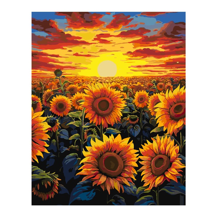 Set pictura pe numere Camp cu floarea soarelui 4329, panza bumbac pe rama lemn, 40x50 cm, tablou cu schita, 3 pensule si vopsea acrilica