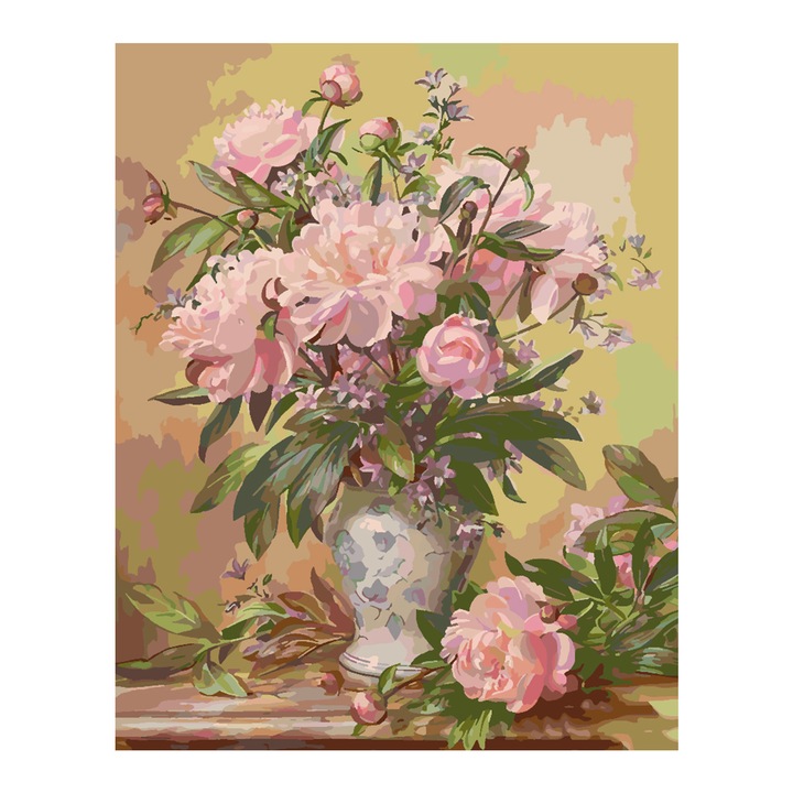 Set pictura pe numere Vaza cu flori 4331, panza bumbac pe rama lemn, 40x50 cm, tablou cu schita, 3 pensule si vopsea acrilica