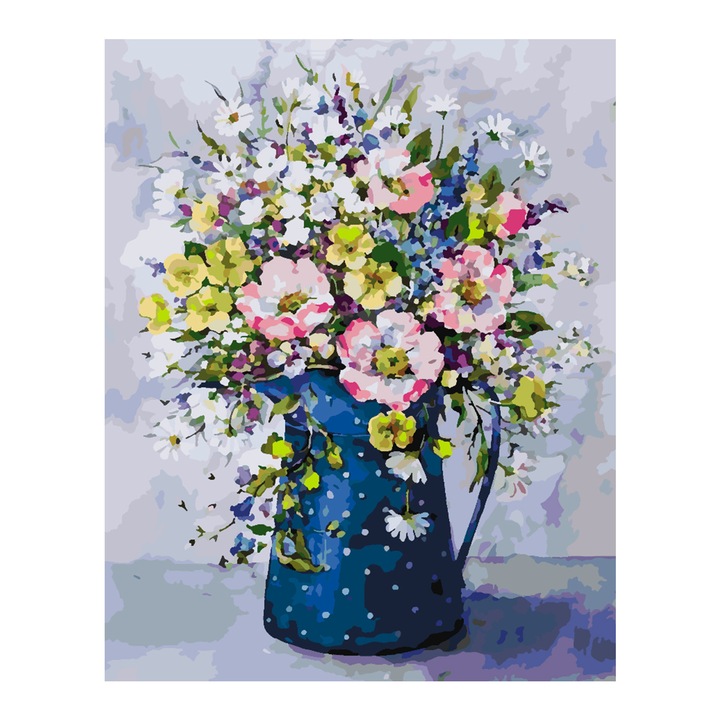 Set pictura pe numere Vaza cu flori 4337, panza bumbac pe rama lemn, 40x50 cm, tablou cu schita, 3 pensule si vopsea acrilica