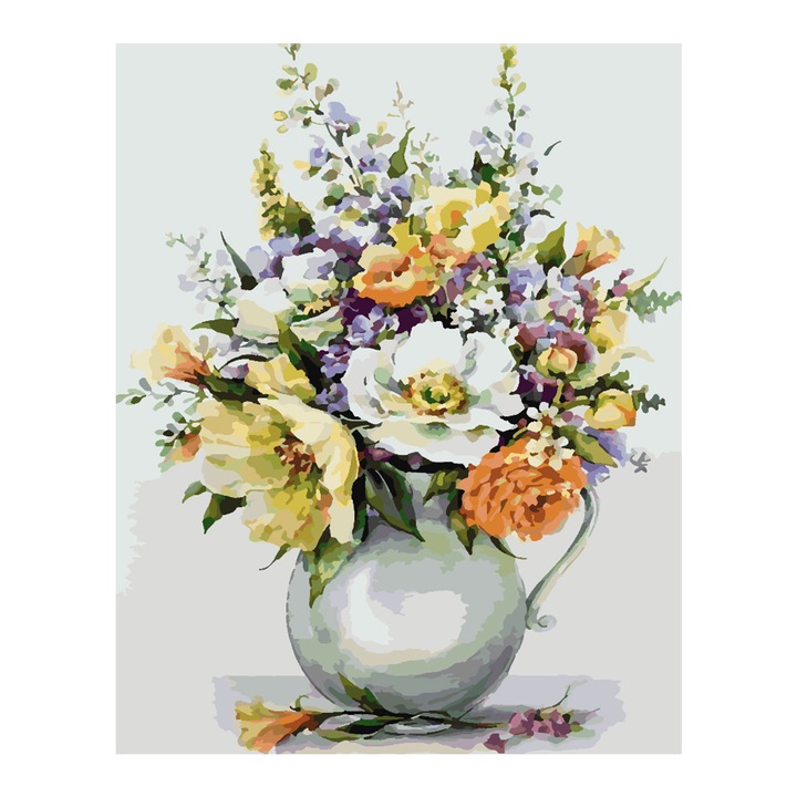 Set pictura pe numere Vaza cu flori 4340, panza bumbac pe rama lemn, 40x50 cm, tablou cu schita, 3 pensule si vopsea acrilica