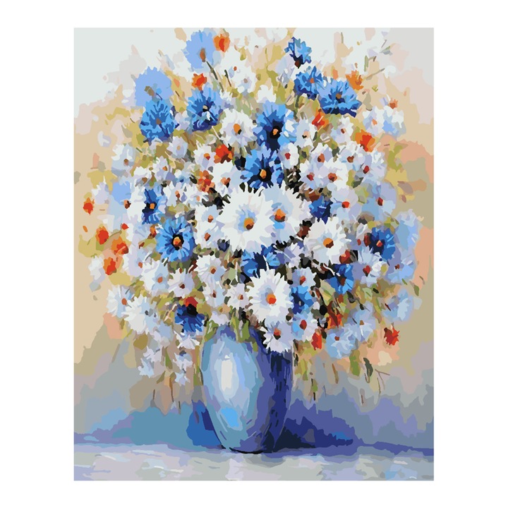 Set pictura pe numere Flori in vaza 4345, panza bumbac pe rama lemn, 40x50 cm, tablou cu schita, 3 pensule si vopsea acrilica