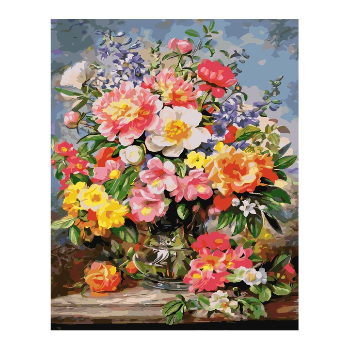 Set pictura pe numere Flori in vaza 4346, panza bumbac pe rama lemn, 40x50 cm, tablou cu schita, 3 pensule si vopsea acrilica