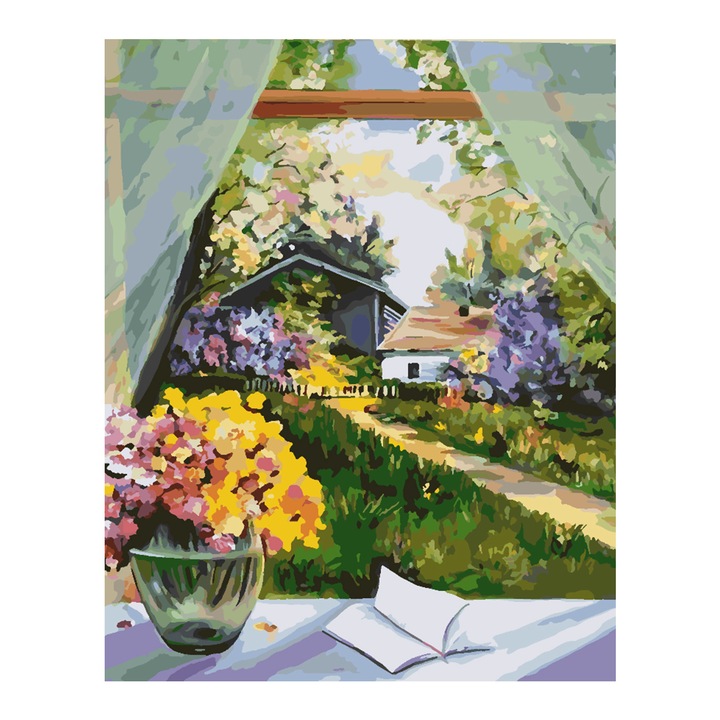 Set pictura pe numere Peisaj cu flori 4347, panza bumbac pe rama lemn, 40x50 cm, tablou cu schita, 3 pensule si vopsea acrilica