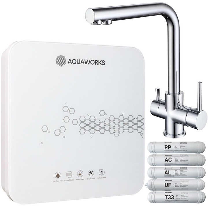 Filtru de apa, AquaWorks™ Complete, include baterie cu 3 cai, 5 stadii de filtrare cu 0.01 microni, alcalinizare, carbune activ si membrana ultrafiltrare, elimina impuritatile, clorul si bacteriile, pH 7,5 - 8, montare sub chiuveta, Baterie argintie