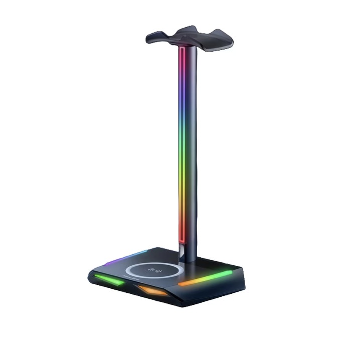 Suport RGB casti gaming, cu incarcator wireless, 2 porturi USB-C si USB 2.0, 11 moduri iluminare, antiderapant, QUANDES, gaming, negru