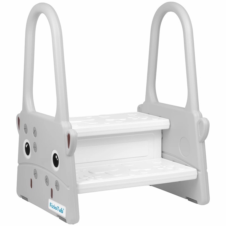 Scaunel Inaltator Copii FizioTab® cu Manere, Doua Trepte, Suprafata Anti-alunecare, pentru Baie/Bucatarie, Hipo Gri