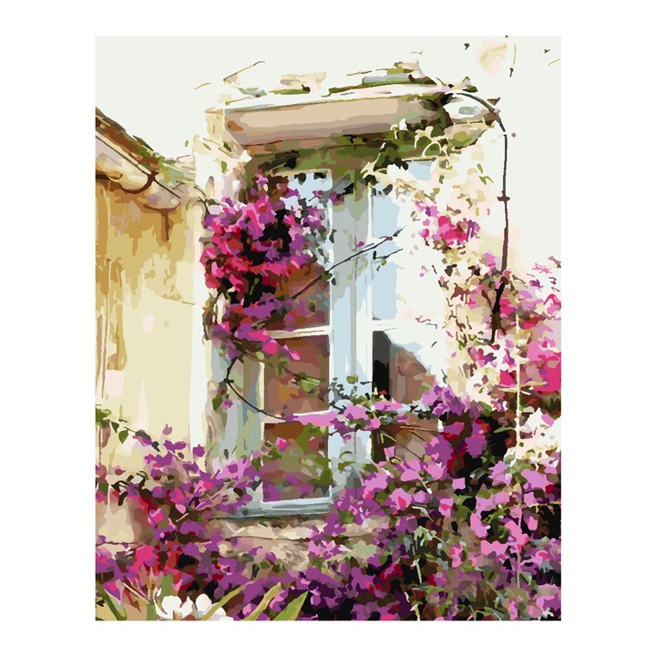 Set pictura pe numere Casa cu flori 4356, panza bumbac pe rama lemn, 40x50 cm, tablou cu schita, 3 pensule si vopsea acrilica
