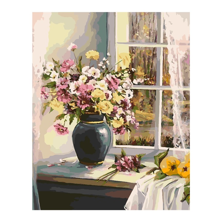 Set pictura pe numere Vaza cu flori 4357, panza bumbac pe rama lemn, 40x50 cm, tablou cu schita, 3 pensule si vopsea acrilica