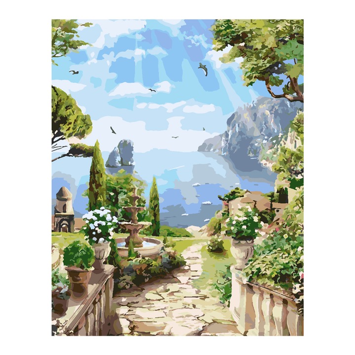 Set pictura pe numere Peisaj 4360, panza bumbac pe rama lemn, 40x50 cm, tablou cu schita, 3 pensule si vopsea acrilica