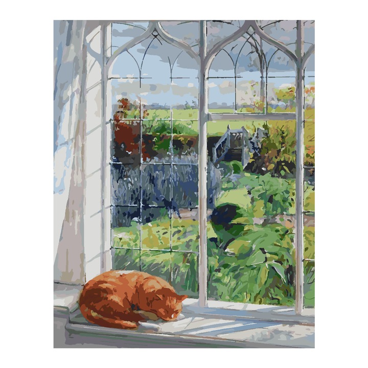 Set pictura pe numere Pisica pe geam 4369, panza bumbac pe rama lemn, 40x50 cm, tablou cu schita, 3 pensule si vopsea acrilica