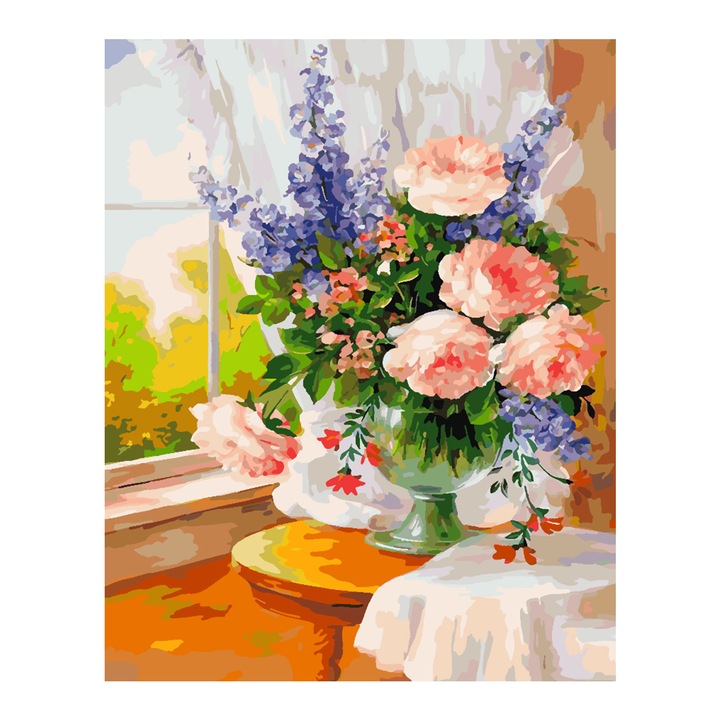 Set pictura pe numere Flori in vaza 4376, panza bumbac pe rama lemn, 40x50 cm, tablou cu schita, 3 pensule si vopsea acrilica
