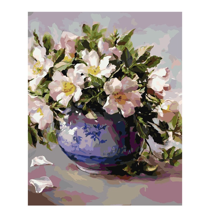 Set pictura pe numere Flori in vaza 4382, panza bumbac pe rama lemn, 40x50 cm, tablou cu schita, 3 pensule si vopsea acrilica