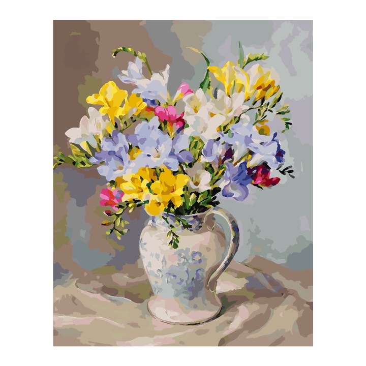 Set pictura pe numere Flori in vaza 4386, panza bumbac pe rama lemn, 40x50 cm, tablou cu schita, 3 pensule si vopsea acrilica