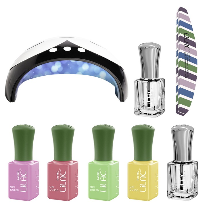 Kit oja semipermanenta Lilac, 4 oje 6 ml, 1 nail prep 6 ml, 1 ultrabond 6ml, 1 buffer si lampa, Pastel 1 Hema Free