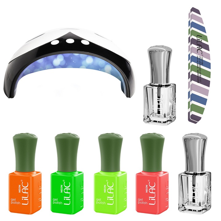 Kit oja semipermanenta Lilac, 4 oje 6 ml, 1 nail prep 6 ml, 1 ultrabond 6 ml, 1 buffer si lampa, Neon 1 Hema Free