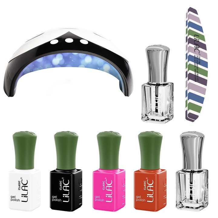 Kit oja semipermanenta Lilac, 4 oje 6 ml, 1 nail prep 6 ml, 1 ultrabond 6 ml, 1 buffer si lampa, Basic 2 Hema Free