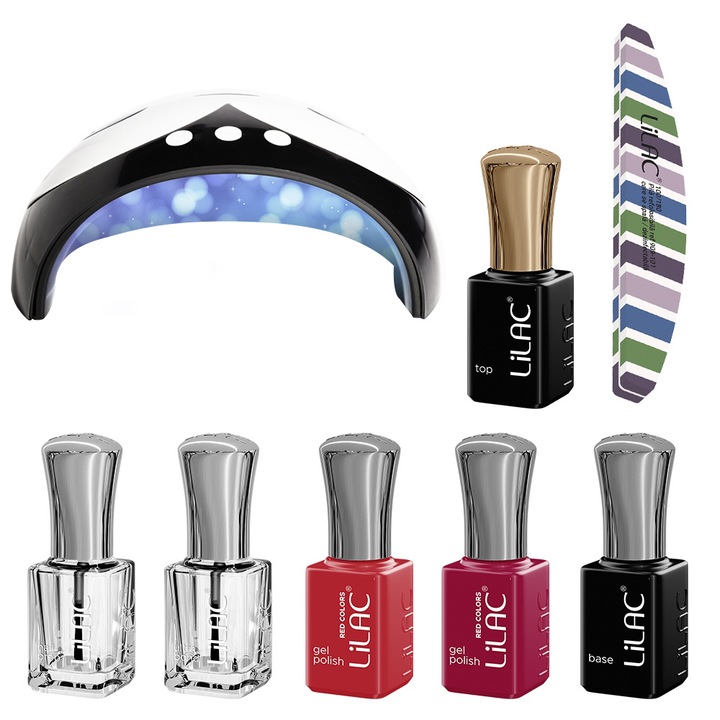 Kit oja semipermanenta Lilac, 2 oje 6 ml, 1 baza 6 ml, 1 top 6 ml, 1 nail prep 6 ml, 1 ultrabond 6 ml, buffer si lampa, Red 05
