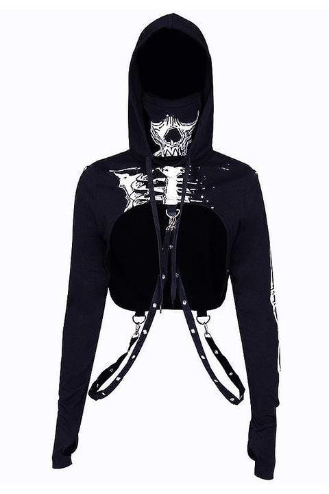 Hanorac gotic, imprimeu schelet, cu gluga, cu masca, techwear, negru, one size