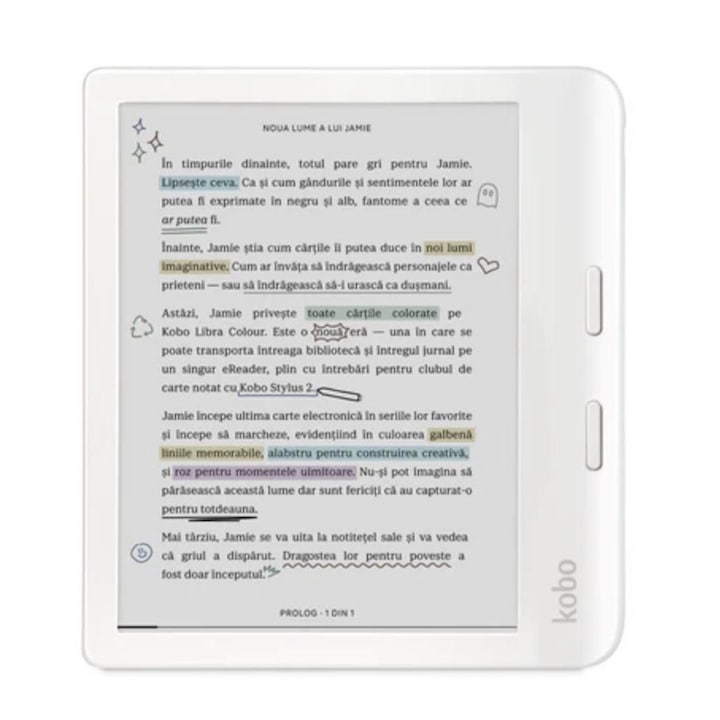Четец на електронни книги Kobo Libra Color, E-Ink Kaleido екран 7", двуядрен 2,0 GHz процесор, 32 GB флаш, USB Type-C, ComfortLight PRO, Wi-Fi, IPX8 бял