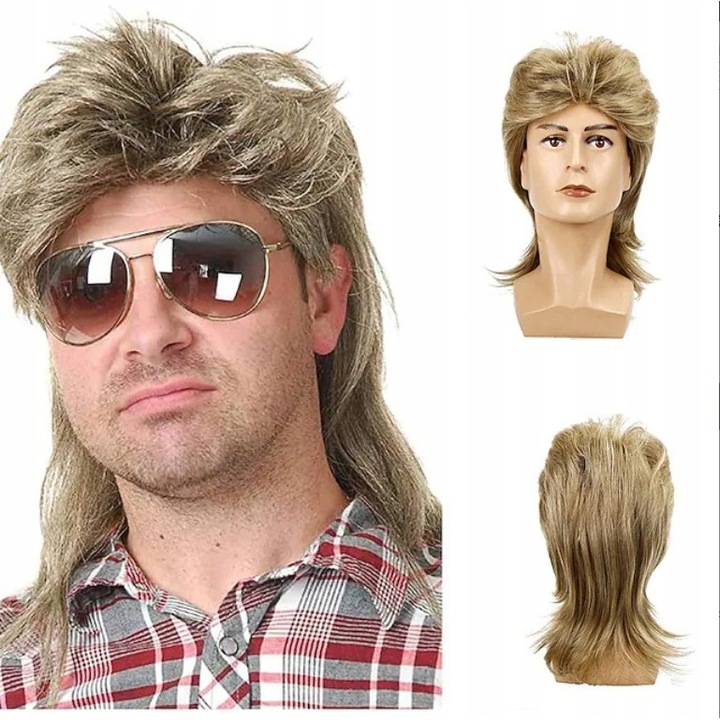 Peruca Barbateasca, Retro Mullet W71, 50 cm, Fabricata Din Fibre Sintetice, Par Lung, Lungime 50 cm, Sistem De Prindere Pentru O Fixare Mai Buna, Blonda