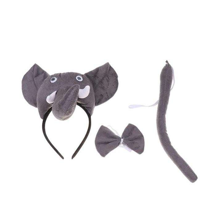 Set 3 accesorii costum elefant, bentita, papion, coada, culoare gri, marime universala