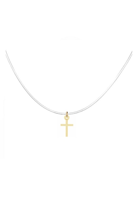 Colier la baza gatului cu fir transparent de silicon si pandantiv in forma de cruce aurie din Argint 925 placat cu Aur 24k