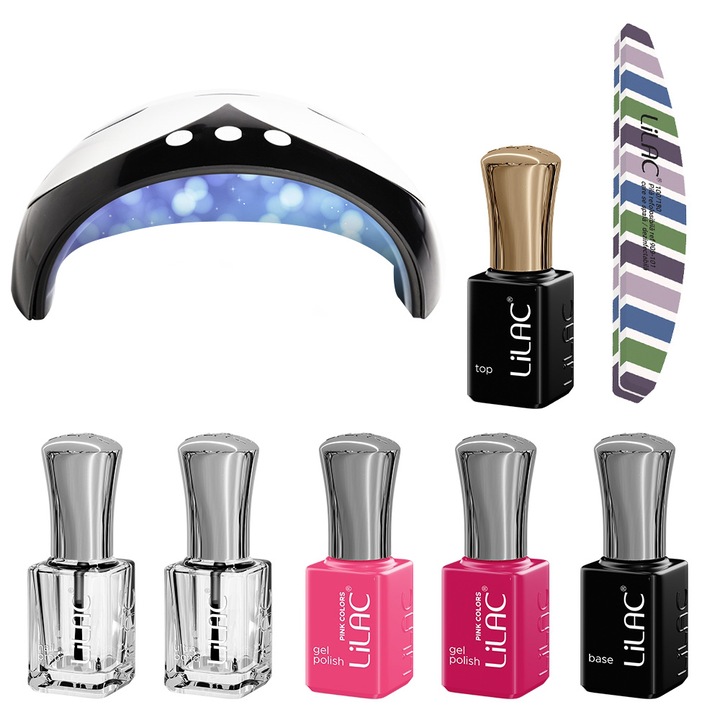 Kit oja semipermanenta Lilac, 2 oje 6 ml, 1 baza 6 ml, 1 top 6 ml, 1 nail prep 6 ml, 1 ultrabond 6 ml, 1 buffer si lampa, Pink 02