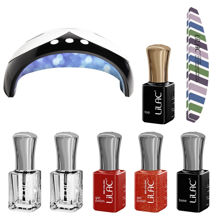 Kit oja semipermanenta Lilac, 2 oje 6 ml, 1 baza 6 ml, 1 top 6 ml, 1 nail prep 6 ml, 1 ultrabond 6 ml, 1 buffer si lampa, Red 02