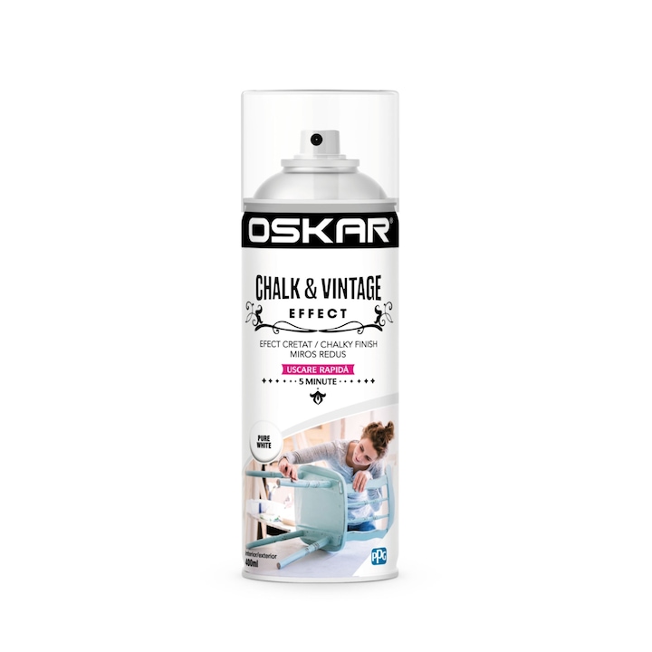 Спрей боя за дърво/метал, Oskar Chalk & Vintage Effect, чисто бяла, интериор/екстериор, 400 ml